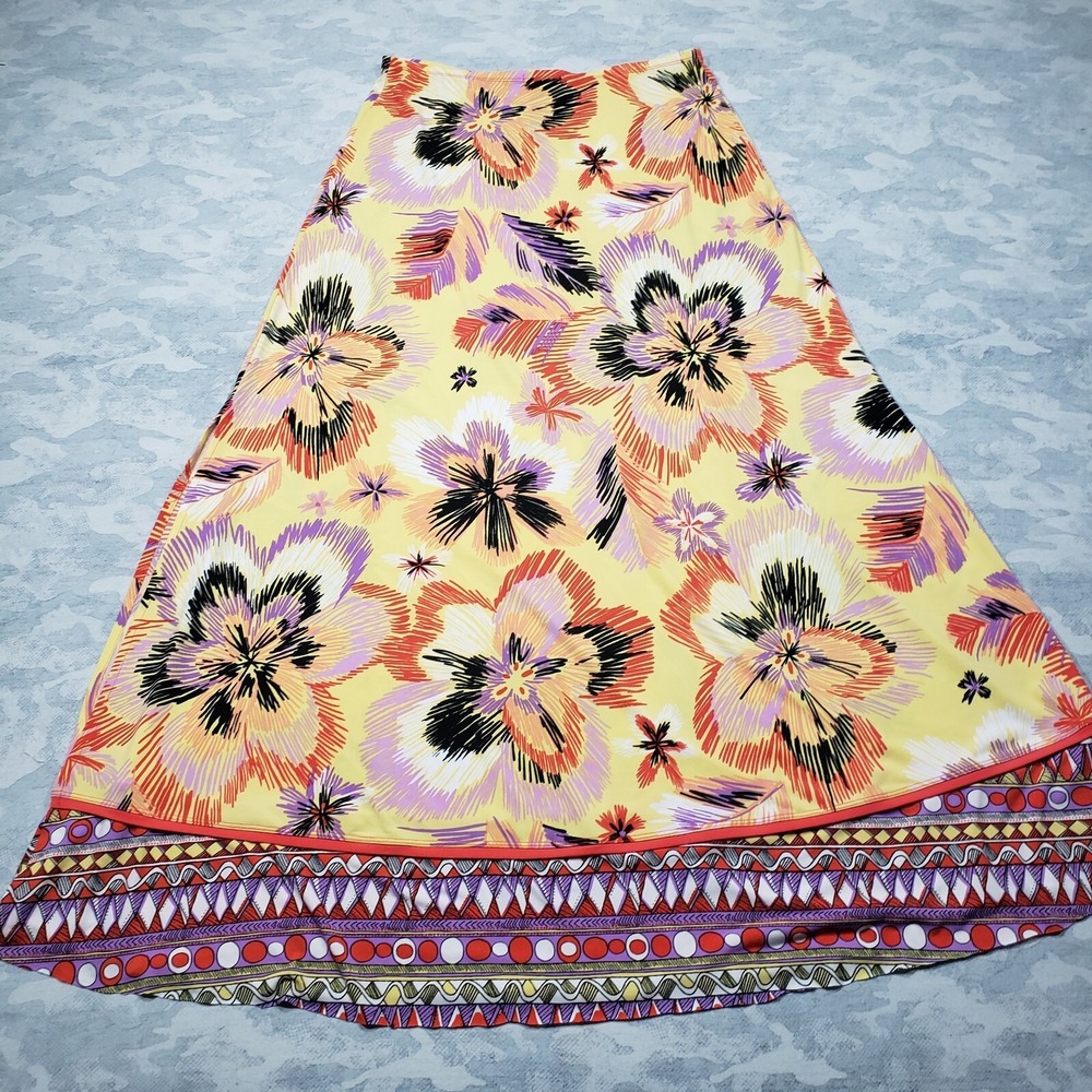Bisou Bisou Skirt Womens Medium Yellow Floral Geo Print Maxi Pull On Lightweight - Picture 8 of 9